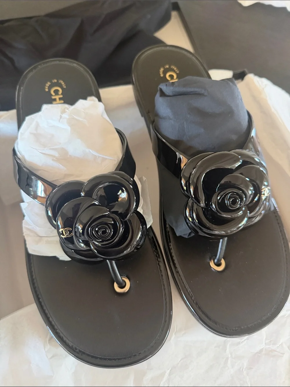 CHANEL Black Patent Camellia Thong Sandals